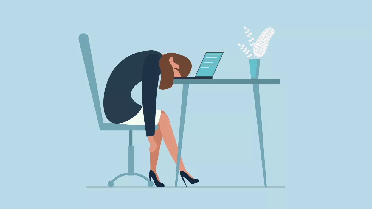 Illustration Depicting a Fatigued and Tired Woman at Her Desk