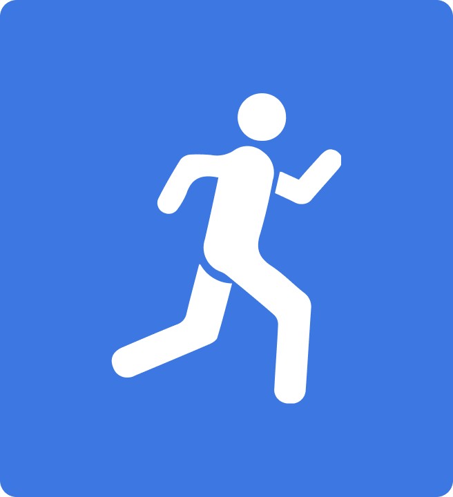 white stick figure running with blue background