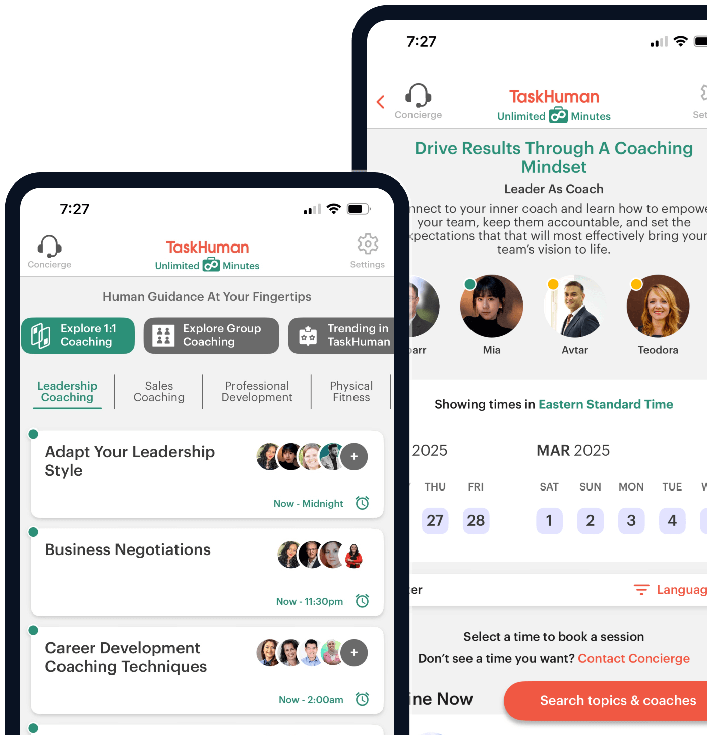 TaskHuman mobile app interface displaying live leadership coaching options including “Adapt Your Leadership Style” and “Business Negotiations.”