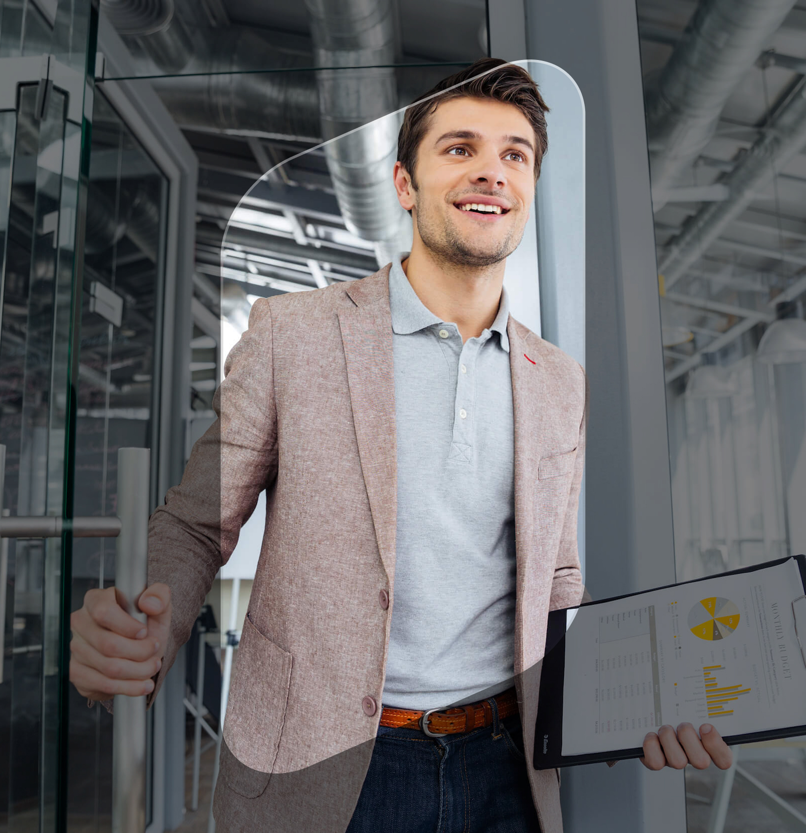 Professional man holding report in modern office, symbolizing coaching impact and analytics