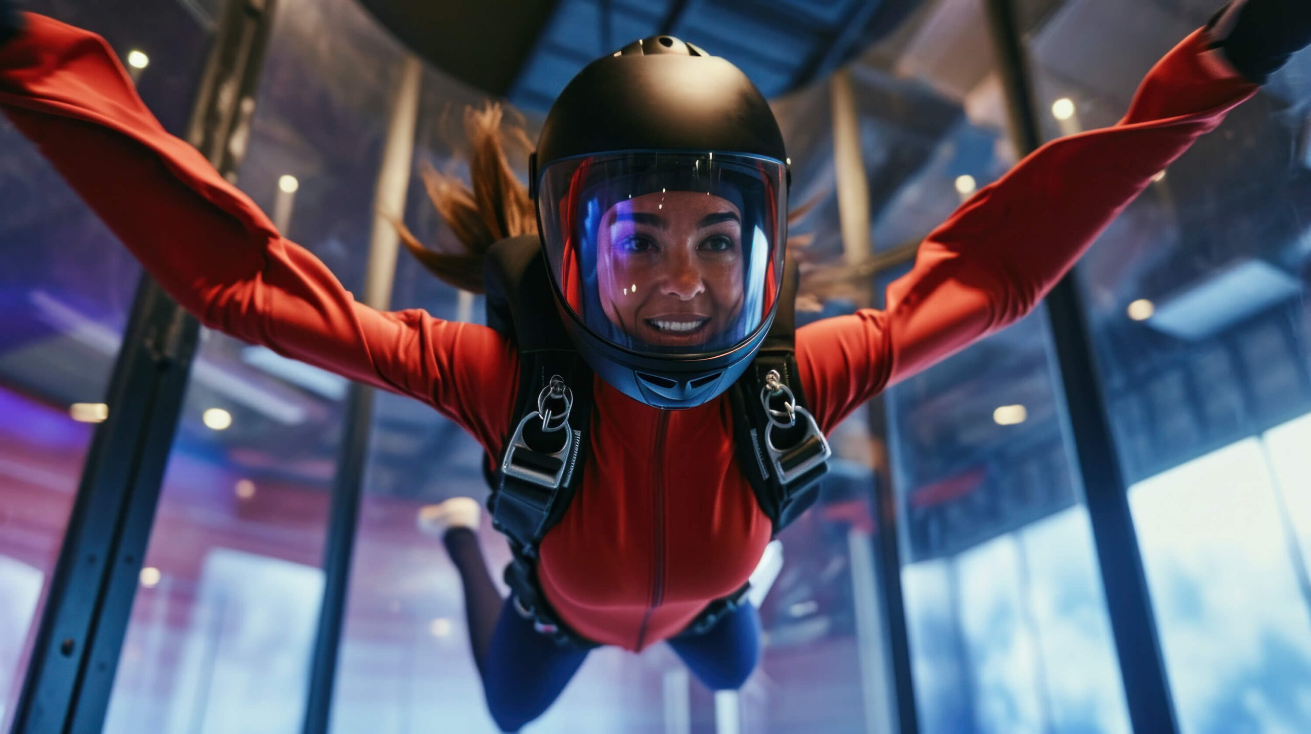 Indoor skydiver floating mid-air in a vertical wind tunnel at iFly facility