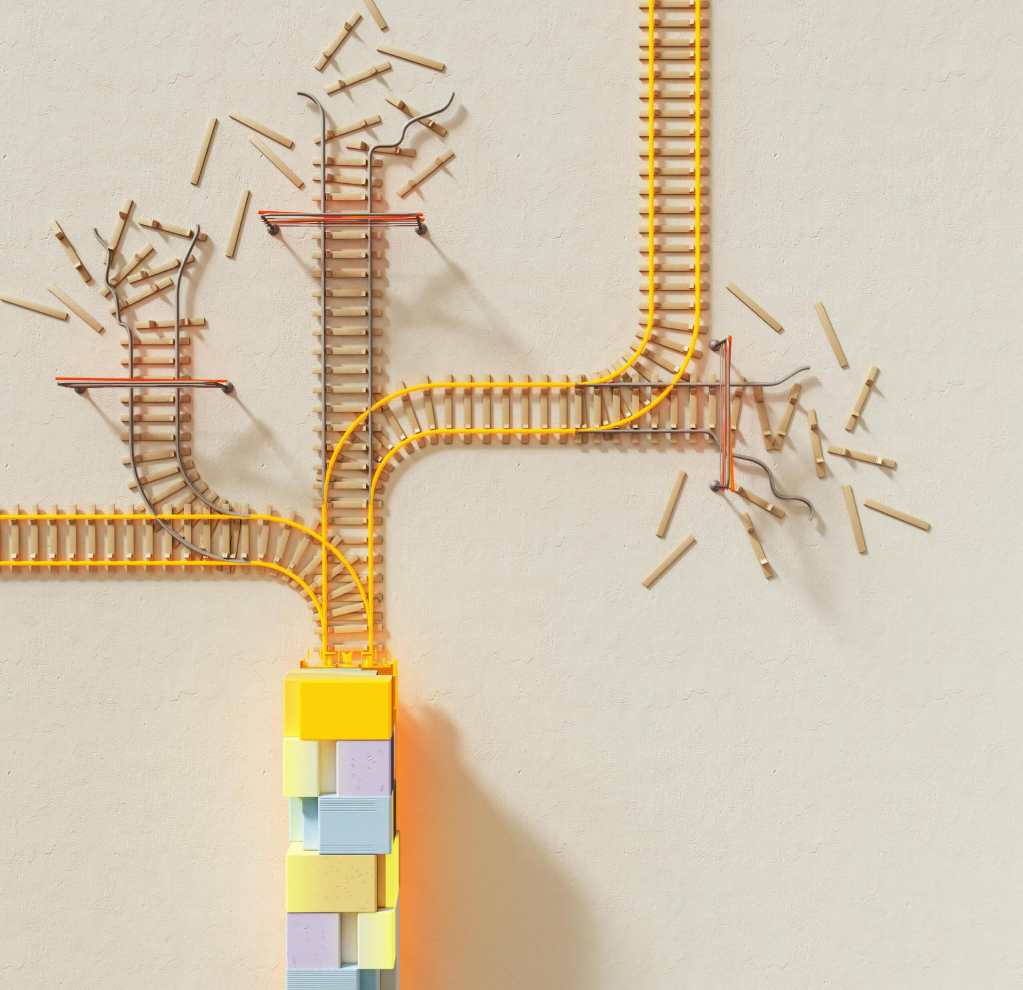 An image depicting a train track and multiple pathways